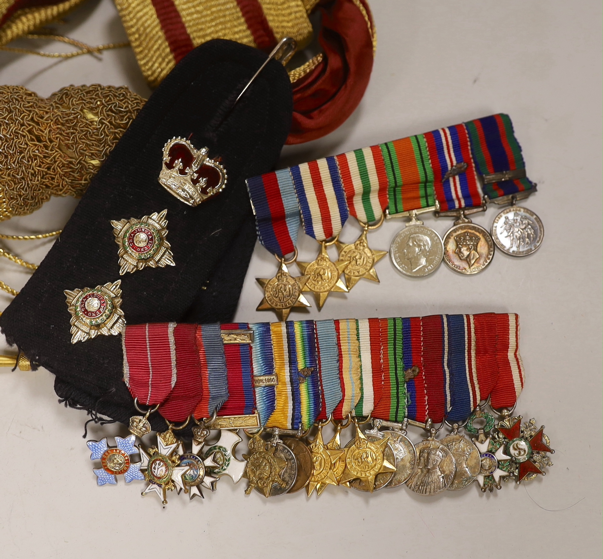 Two miniature medal groups awarded to Lt. Gen. Sir Desmond Anderson, together with his epaulets, frogging and two items of related paperwork